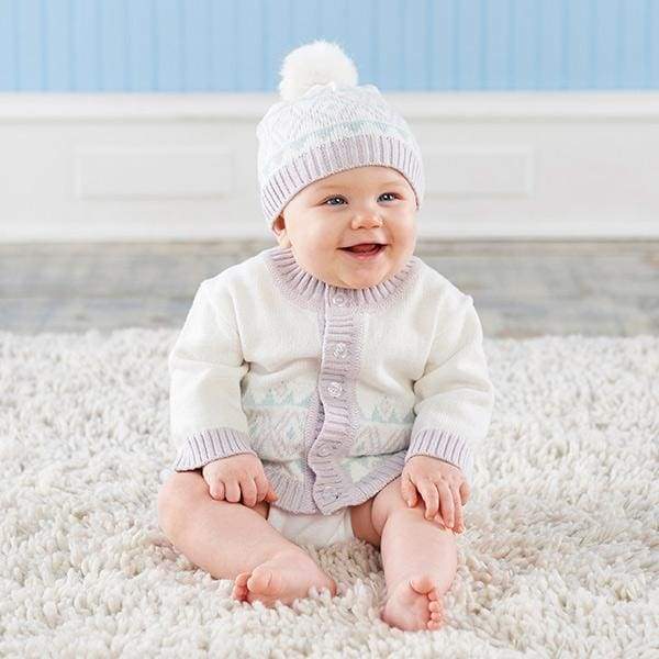 White Fair Isle Cardigan and Pom Pom Hat - Baby Gift Sets