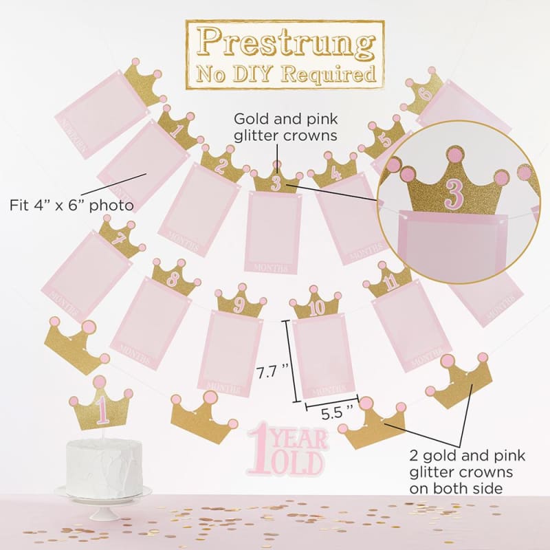 1st Birthday Milestone Photo Banner & Cake Topper - Princess Party - Décor Kit