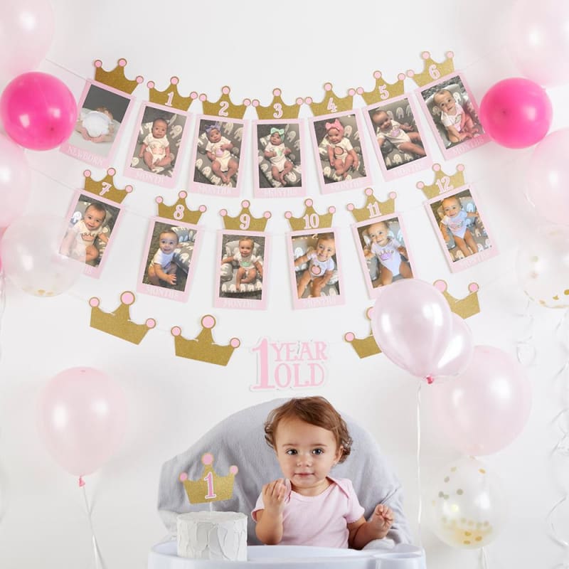 1st Birthday Milestone Photo Banner & Cake Topper - Princess Party - Décor Kit