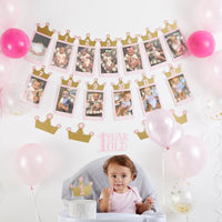 Thumbnail for 1st Birthday Milestone Photo Banner & Cake Topper - Princess Party - Décor Kit