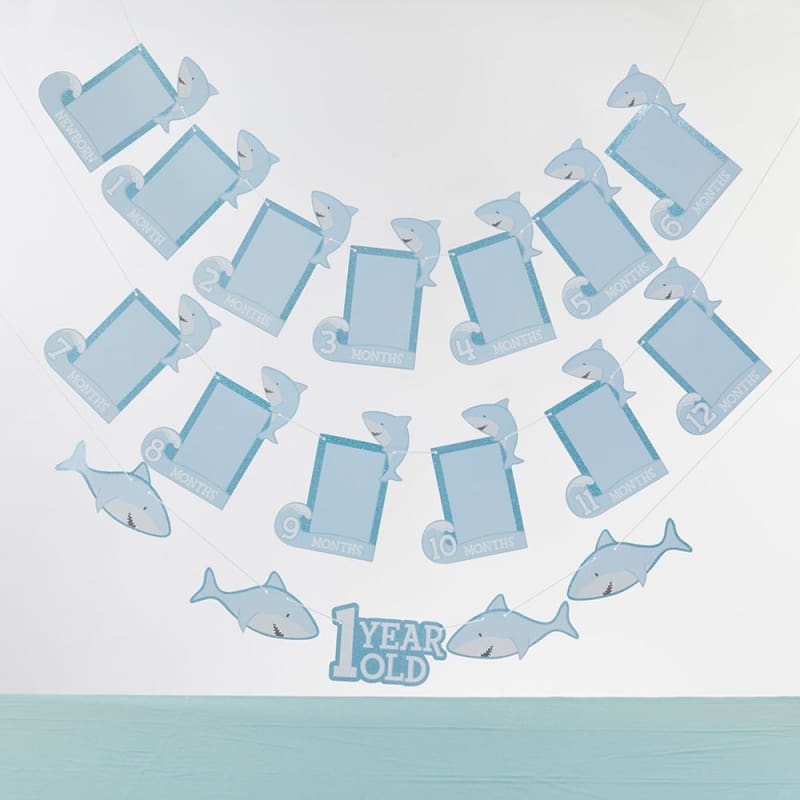 1st Birthday Milestone Photo Banner & Cake Topper - Shark Party - Décor Kit