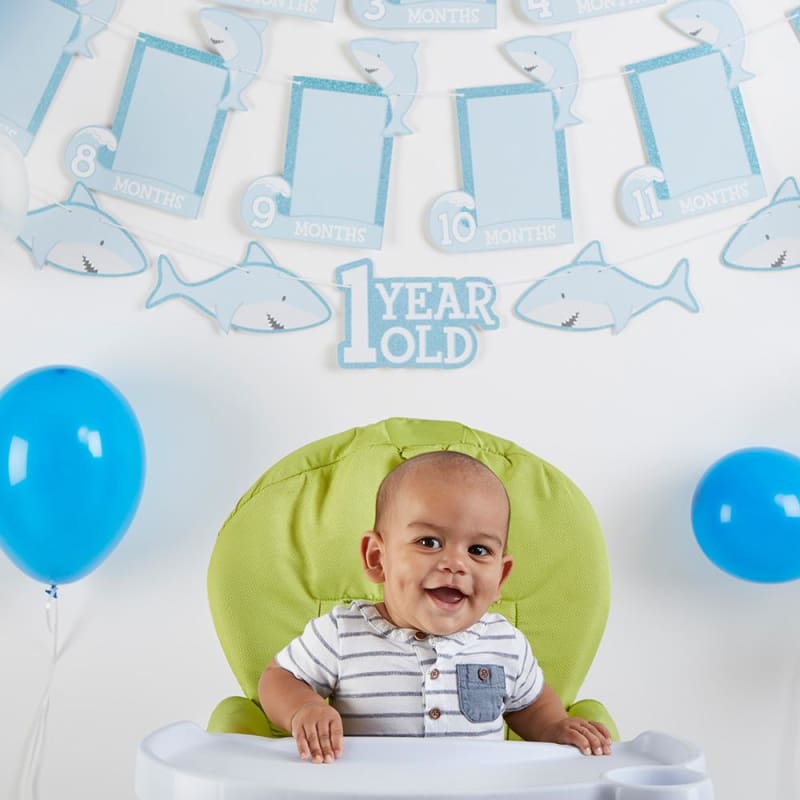 1st Birthday Milestone Photo Banner & Cake Topper - Shark Party - Décor Kit