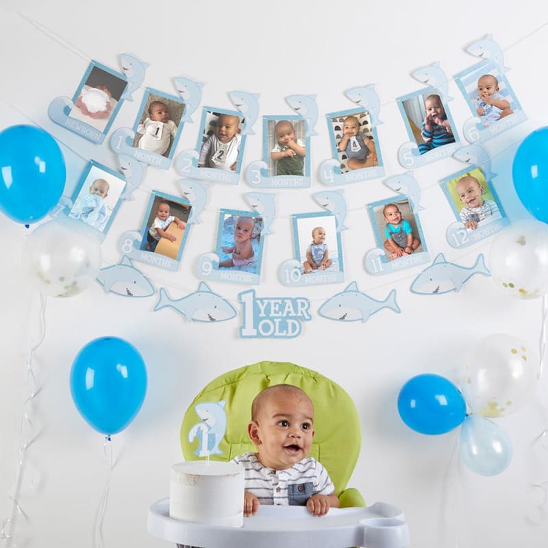 1st Birthday Milestone Photo Banner & Cake Topper - Shark Party - Décor Kit