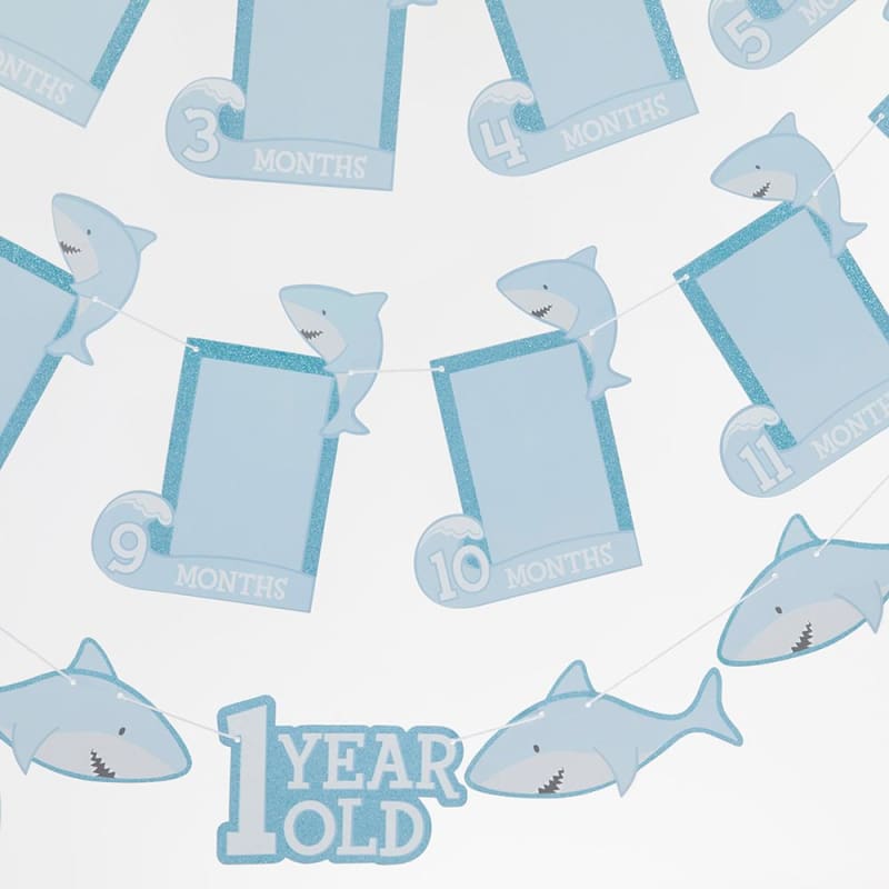 1st Birthday Milestone Photo Banner & Cake Topper - Shark Party - Décor Kit