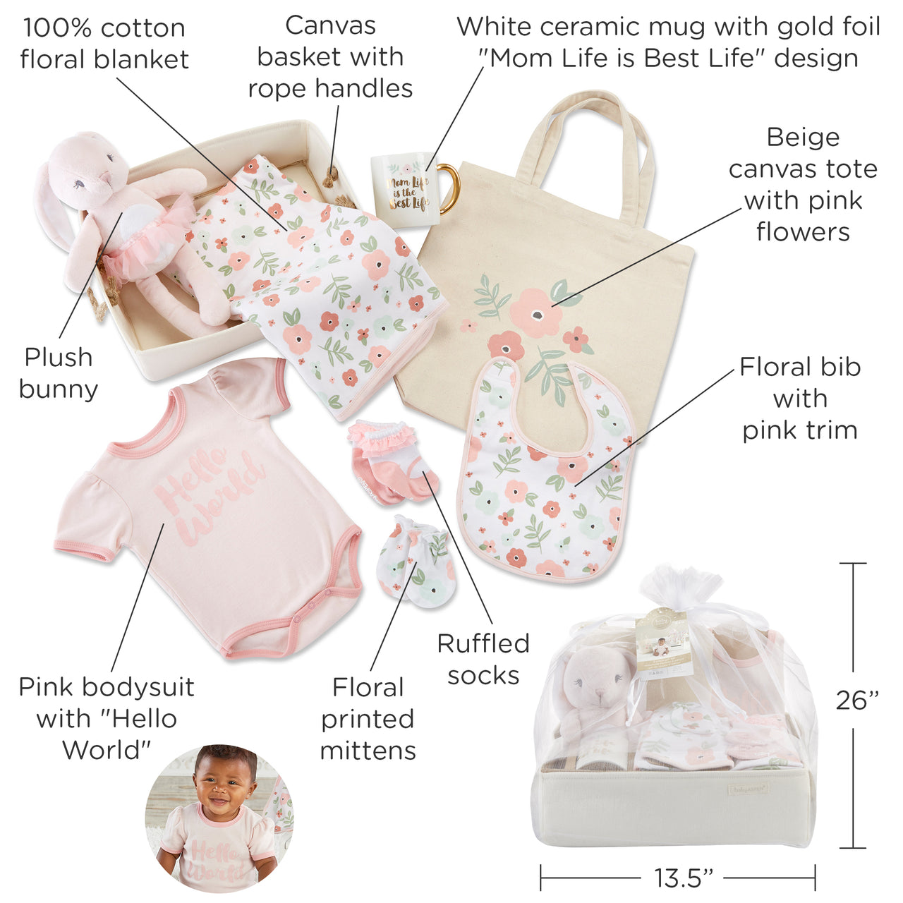 Fancy Floral 9-Piece Baby Gift Basket (Personalization Available)