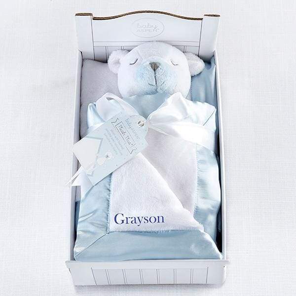 Beary Sleepy Plush Plus Blanket for Baby - Blue (Personalization Available) - Baby Gift Sets