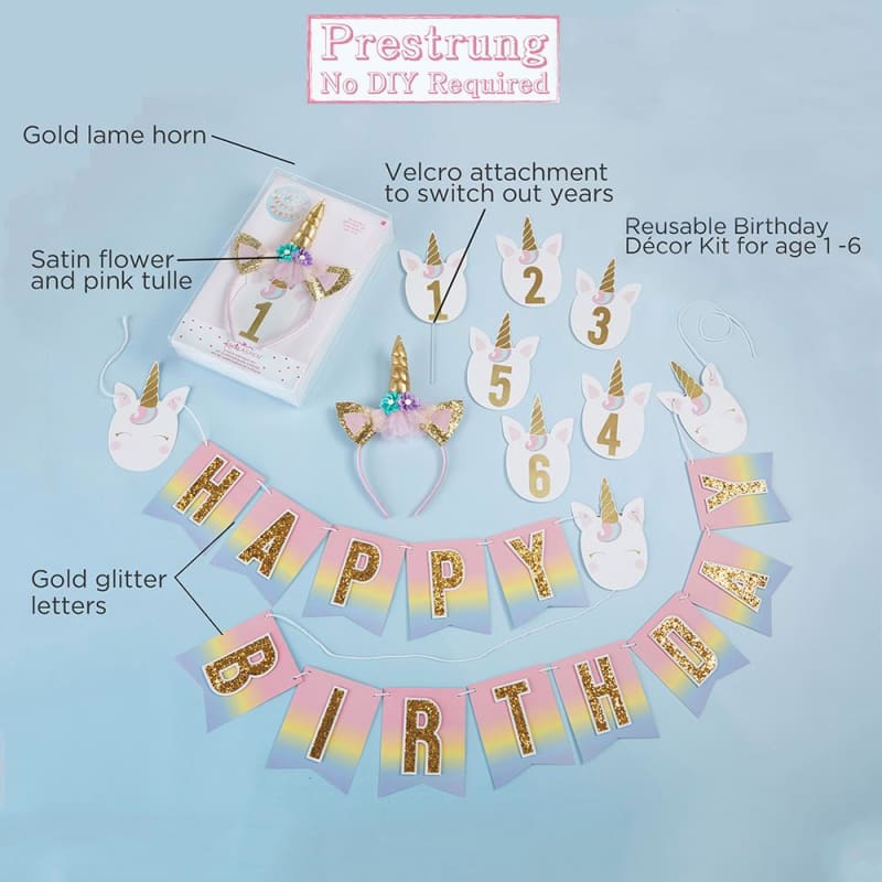 Gold Glitter Unicorn Happy Birthday Décor Kit - Décor Kit