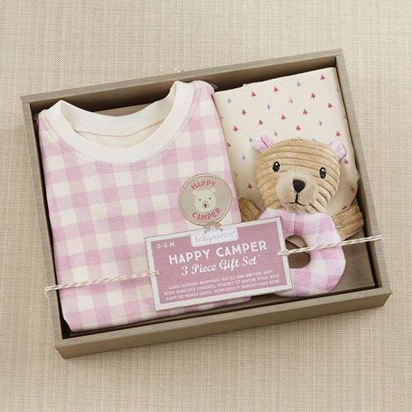 Happy Camper 3 Piece Gift Set (Pink Plaid) - Baby Gift Sets