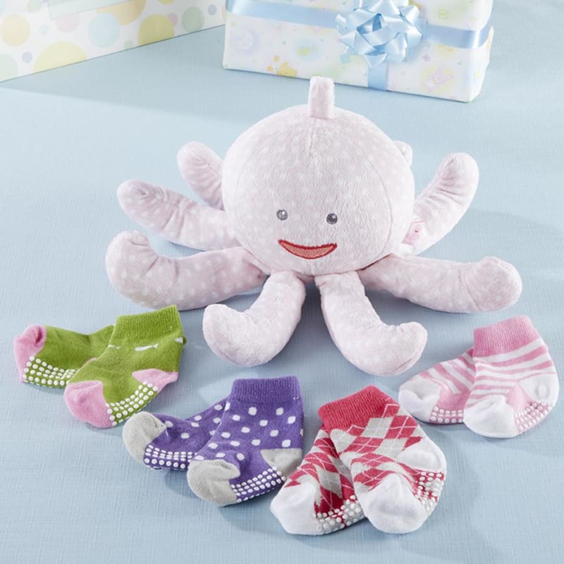Baby Aspen Mrs. Sock T. Pus Plush Octopus with 4 Pairs of Socks (Pink)