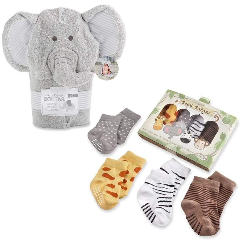 Safari Gift Set with Elephant Hooded Towel & 4-Pair Sock Set - Baby Gift Sets