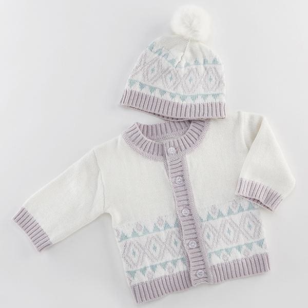 White Fair Isle Cardigan and Pom Pom Hat - Baby Gift Sets